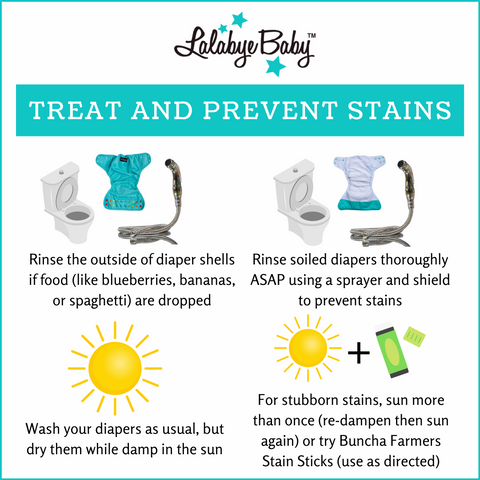 How to treat and prevent stains- sun your diapers, rinse them well before washing or right after use, use Buncha Farmers stain stick