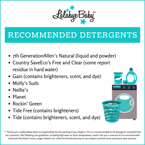 Recommended detergents contain little to no scent, no optical brighteners or whiteners, no borax, no oxygen bleach, and no excessive additives.