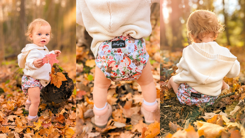 Mushroom and forest floor plants print in soft reds greens and browns