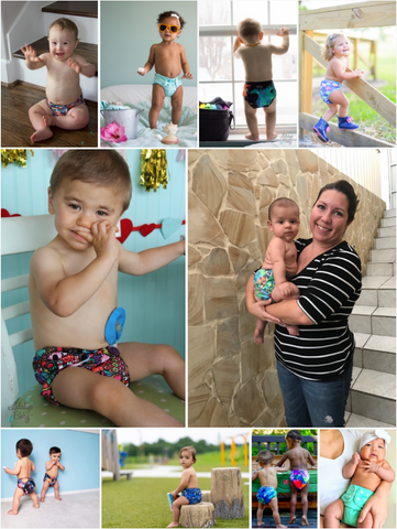 Collage of various babies in Lalabye Baby cloth diapers. The babies range in age and vary in race and gender.