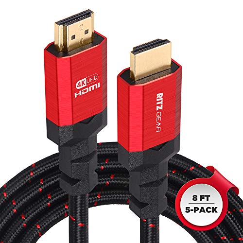 Ritz 4K HDMI Cables | 5-Pack of 8 High-Speed 18Gbps HDMI 2.0 Connectors | Durable Braided Nylon, Gold Plating, 4K @ 60Hz Ultra HD, 3D, 2160p, 1080p & Ethernet Support