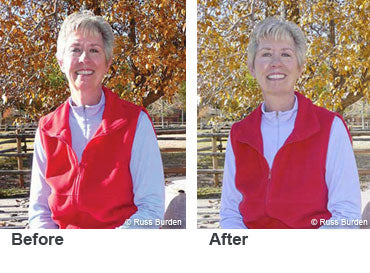 Before and after woman in red vest 