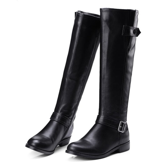 black leather knee high boots low heel