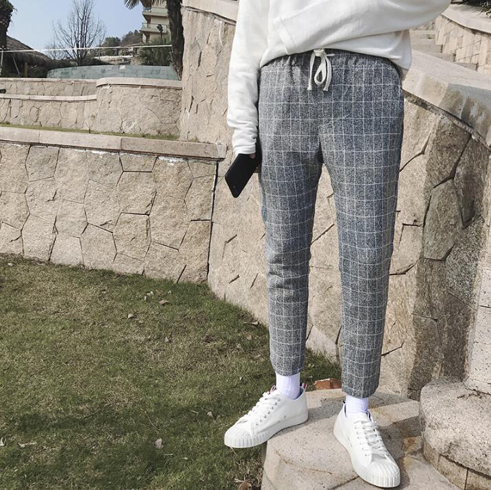 mens casual street plaid cropped pants