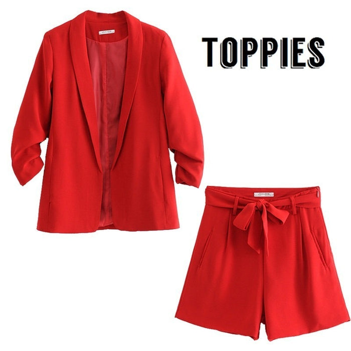 red shorts and blazer set