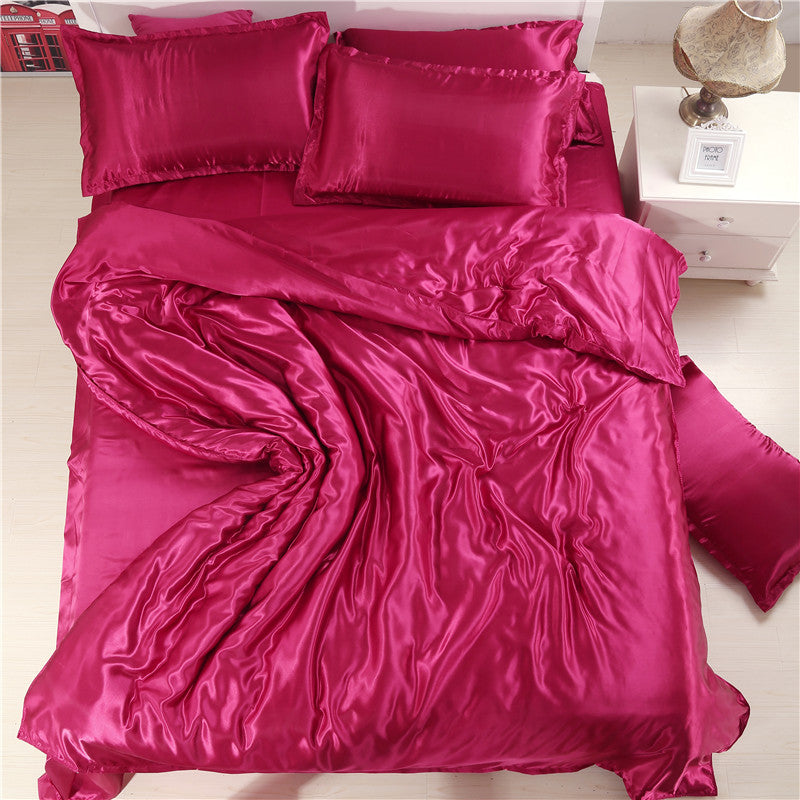King Silk Bedding Quilt Duvet Cover Sets Wine Red Gold Silver