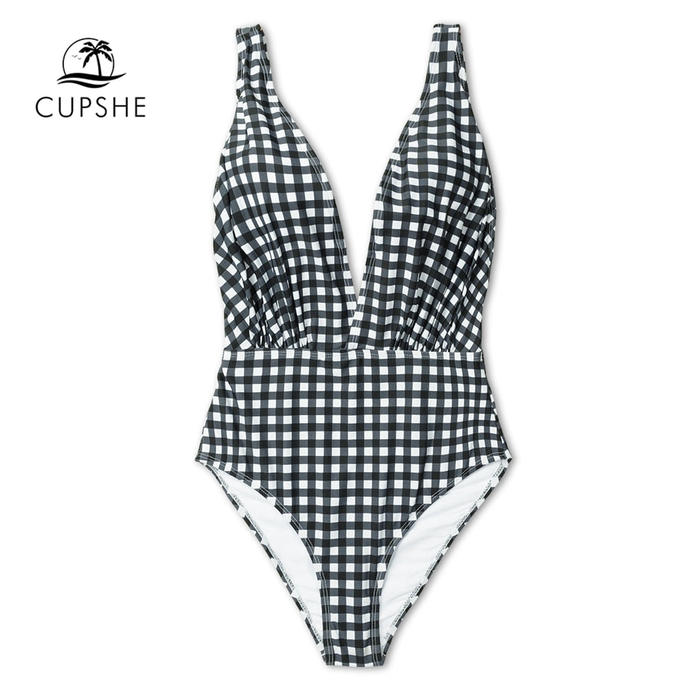 CUPSHE Black And White Plaid Plunging 