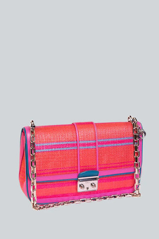 Dior woven raffia fuchsia shoulder bag with chains