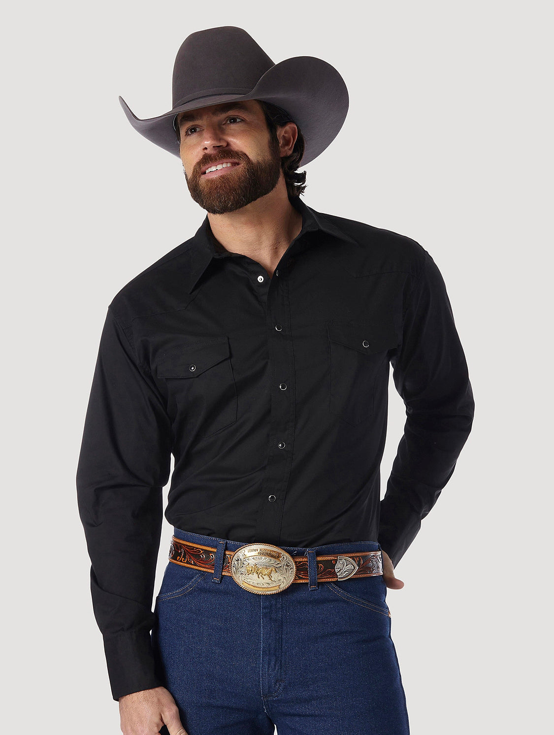 WRANGLER® WESTERN SNAP SHIRT - LONG SLEEVE SOLID BROADCLOTH IN BLACK –  Frost Ranch Wear