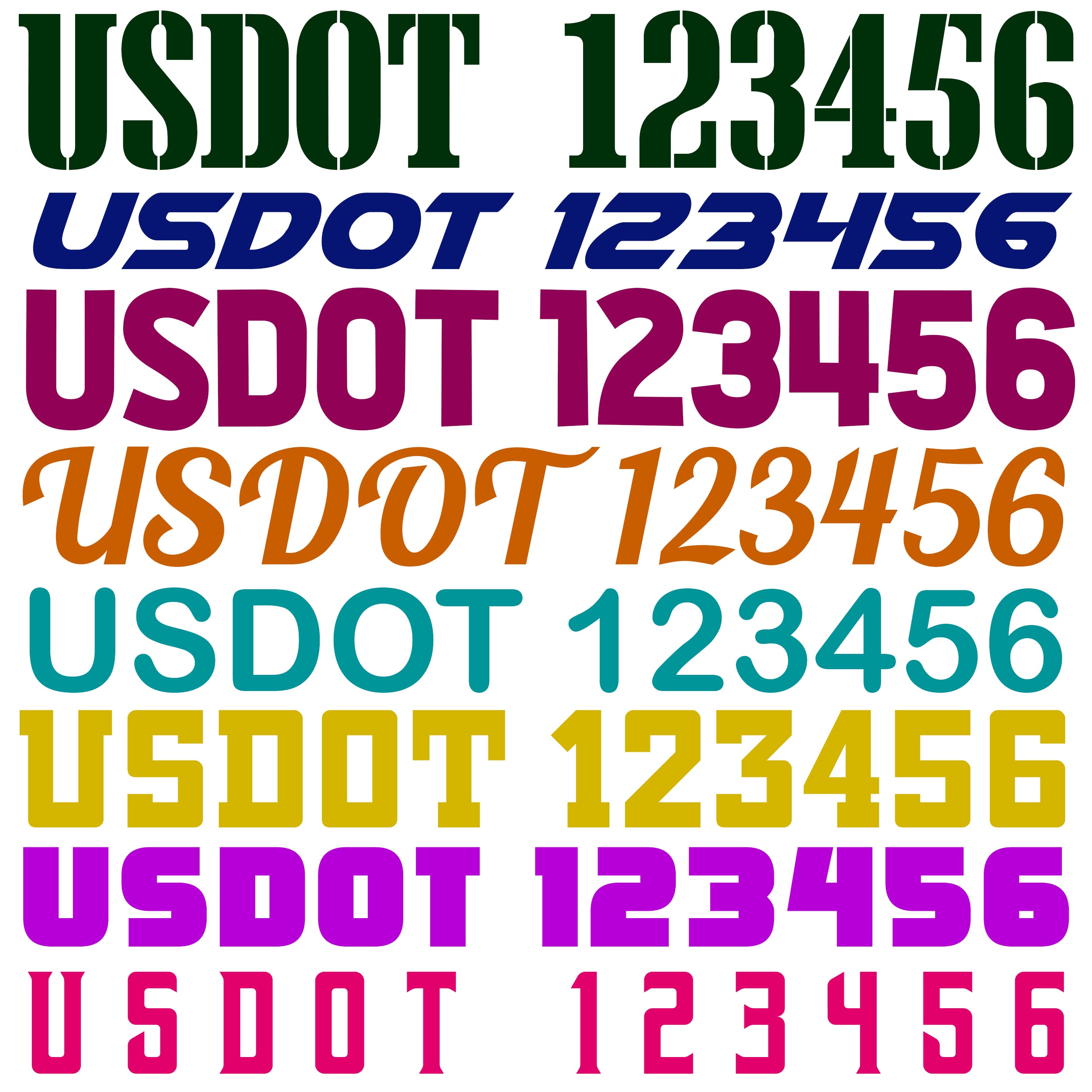 usdot number decal sticker using different fonts and color combinations 