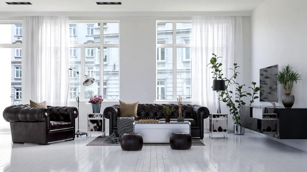 breakfast nook with a leather Chesterfield couch