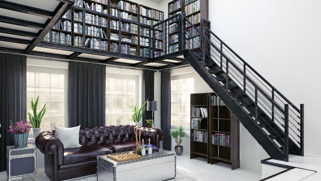 An indoor library with a black and white design