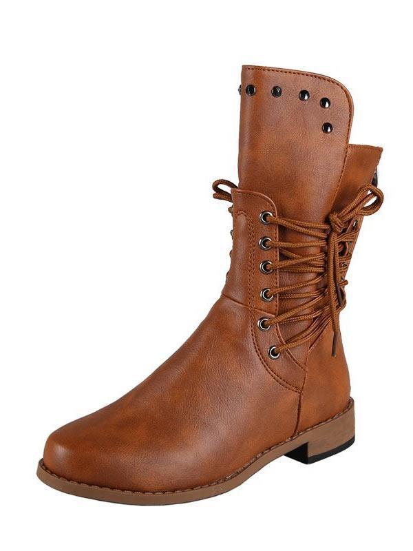 low heel mid calf biker boots