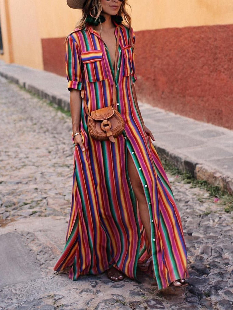 Bohemia Striped Shirt Maxi Dress 