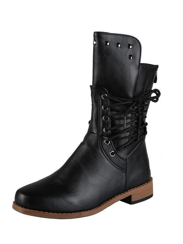 low heel mid calf biker boots