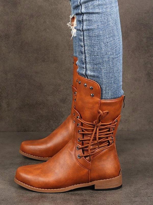 low heel mid calf biker boots