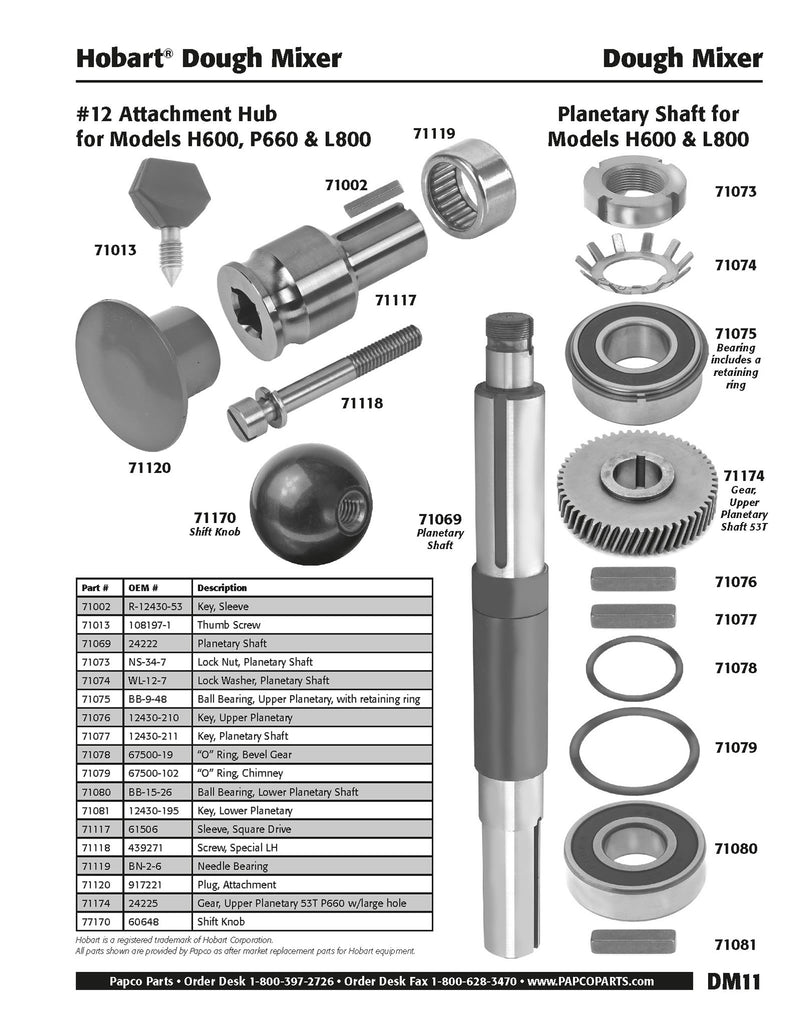 DM11 - Hobart Planetary Shaft, Models H600, P660 & L800