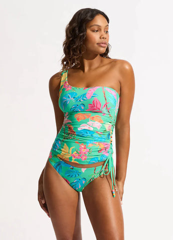 Shop Seafolly Tropica One Shoulder Singlet - Jade At Splash Swimwear