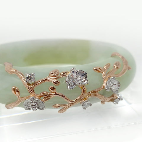 Jadeite Bloom II - Type A Burmese Jadeite bangle in Solid 18K White Gold and 18K Rose Gold with Diamonds