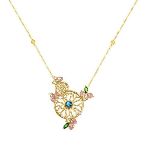 Garden Odyssey Kaleidoscope Necklace 925 Silver Encapsulated in 18K Gold and 18K Rose Gold accented with Chrome Diopside, London Blue Topaz, Lemon Quartz, and Pink Amethyst