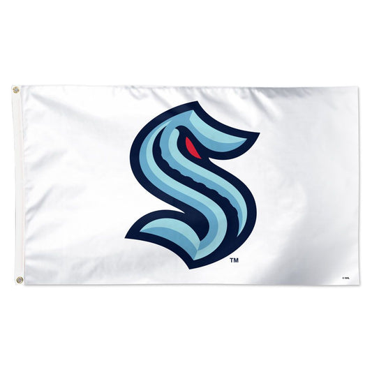 Waved flag textured by Seattle Kraken ice hockey team uniform