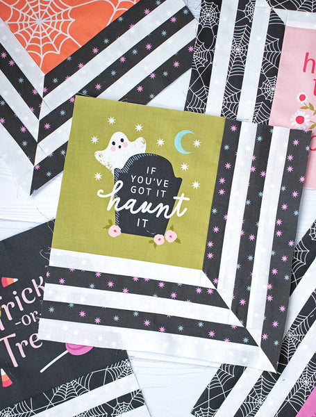 "The Web" Halloween quilt by Lella Boutique. Layer Cake friendly and a great way to incorporate Hey Boo panel squares! Download the PDF here.
