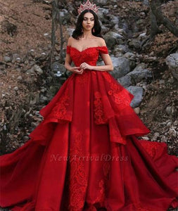 shoulder sleeveless ball gown red lace 