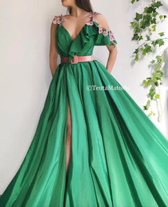 green and pink gown