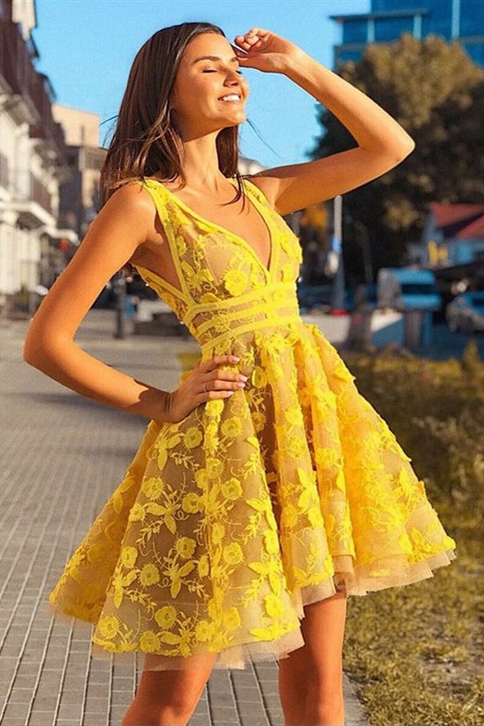 yellow short dress prom
