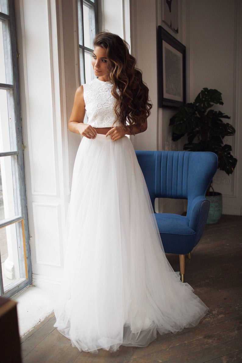 lace top and tulle skirt wedding dress