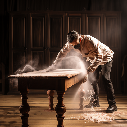 a person disinfecting his wooden furniture