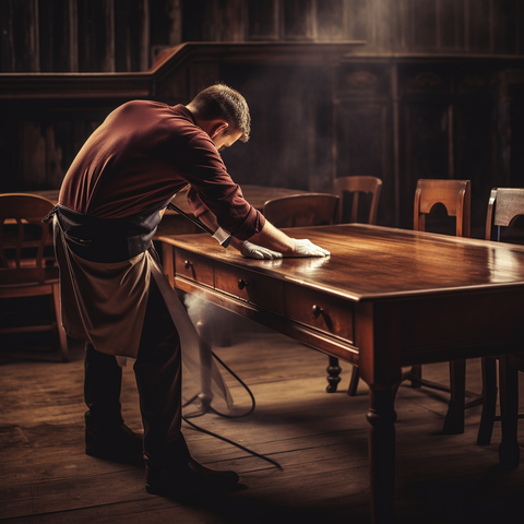 a person disinfecting his wooden furniture