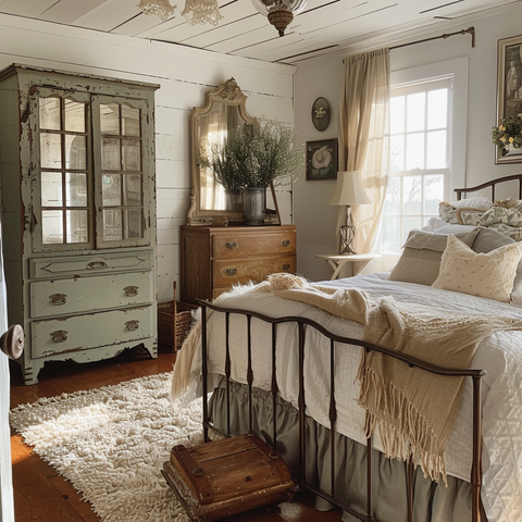 a vintage style farmhouse bedroom