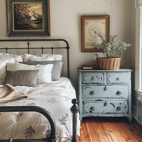 a vintage style farmhouse bedroom