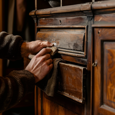 a person cleaning a wooden cabinet