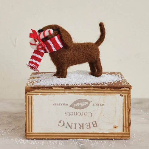 Wool Felt Dog With Scarf & Candy Cane Ornament