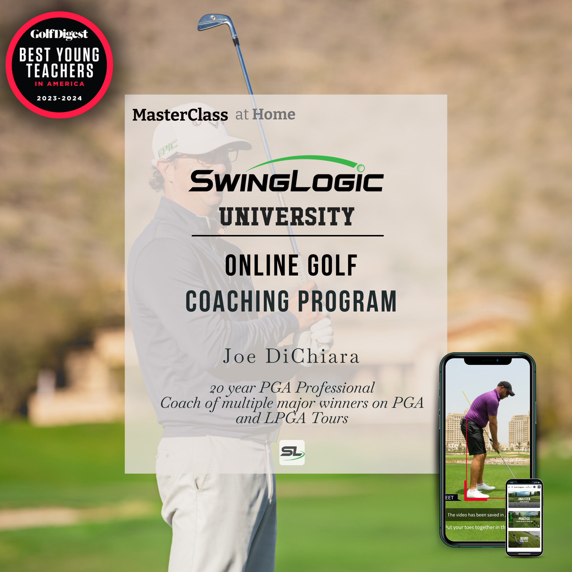 Advertisement for 'SwingLogic University Online Golf Coaching Program' with text overlay and golfer image.