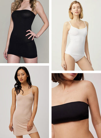 Basic base layers - tops, slips, tube dresses, bandeau tops, seamless leggings and bicycle shorts.