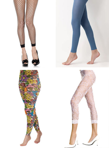 Footless tights - Black fishnets (top left), plain denim blue (top right), white floral lace (bottom right), multicoloured floral print (bottom left) 
