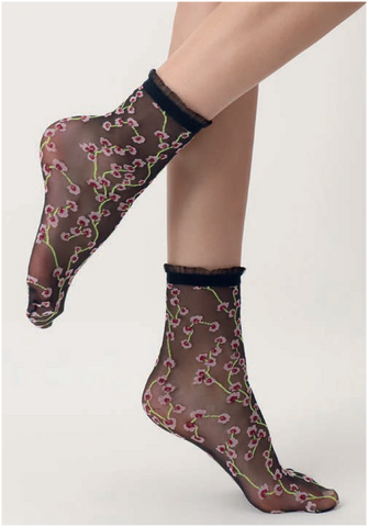 Oroblù Flowers Sock - Sheer fashion ankle socks with a cherry blossom style floral pattern in shades of pink and green with a frilly cuff.