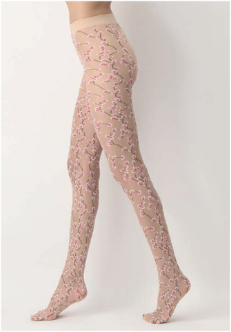Oroblù Flowers Tights - sheer nude fashion tights with a chery blossom style pattern in shades of pink