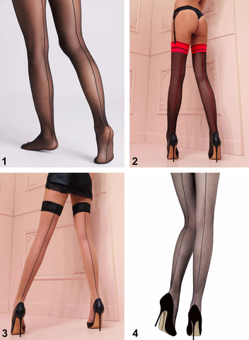 Back-seamed hosiery including sheer black tights, red top and seam stockings, nude hold-ups with black seam and top and black fishnet seamed tights