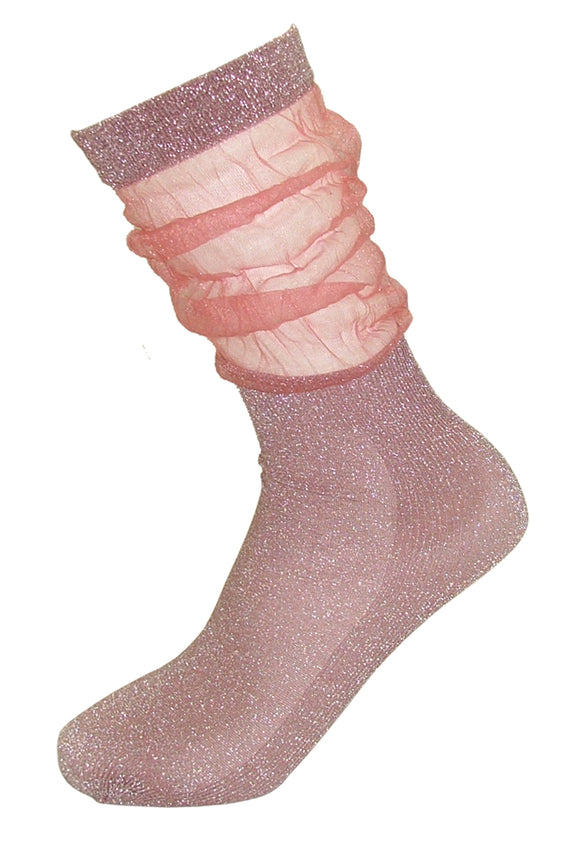 Trasparenze Lavender Calzino - pale dusty pink fashion socks with silver sparkly lamé and sheer tulle style scrunch cuff