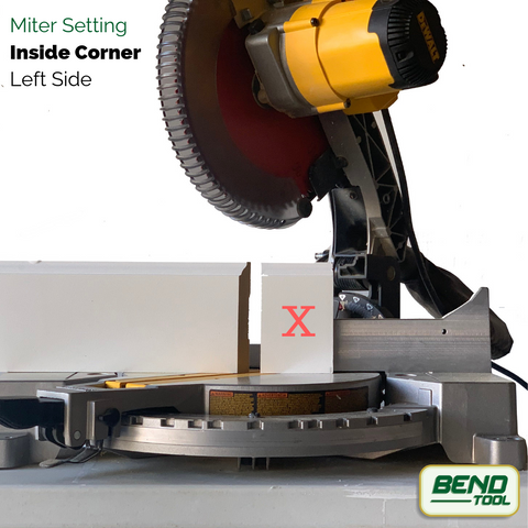 How to cut a corner baseboards - DeWalt Compound Miter Saw cutting baseboard with miter, inside corner on the right side.