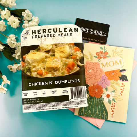 Herculean Prepared Meal with Flowers, Mother's Day Card and a Herculean Prepared Meals Gift Card