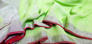 Green with Red Border Handwoven Linen Saree