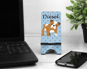 Personalised Bulldog Mobile Phone Holder Stand, Blue or Pink