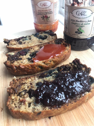 Blueberry chocolate banana bread with rosehip jam and blackberry jam