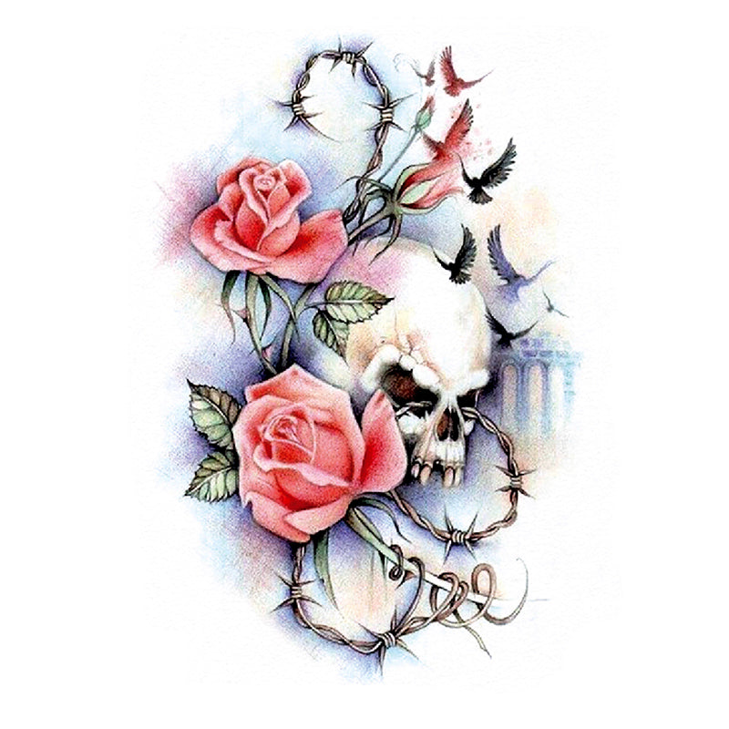 Pink Roses & Skull Temporary Tattoo - INKOTATTOO