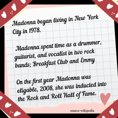 Apost it note graphic with three written facts about the singer Madonna